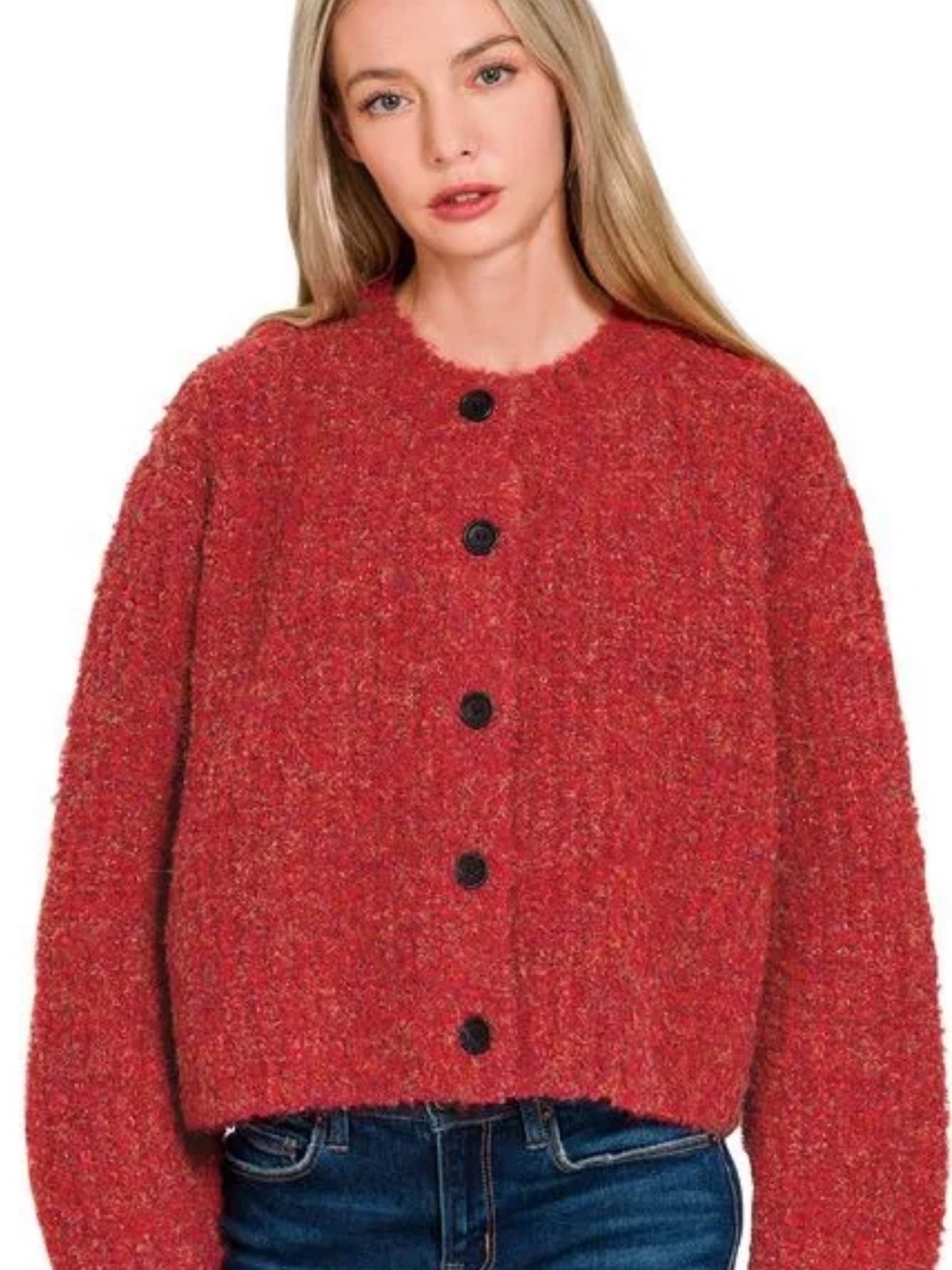 Zenana Outfitters Red Textured Button Teddy Jacket